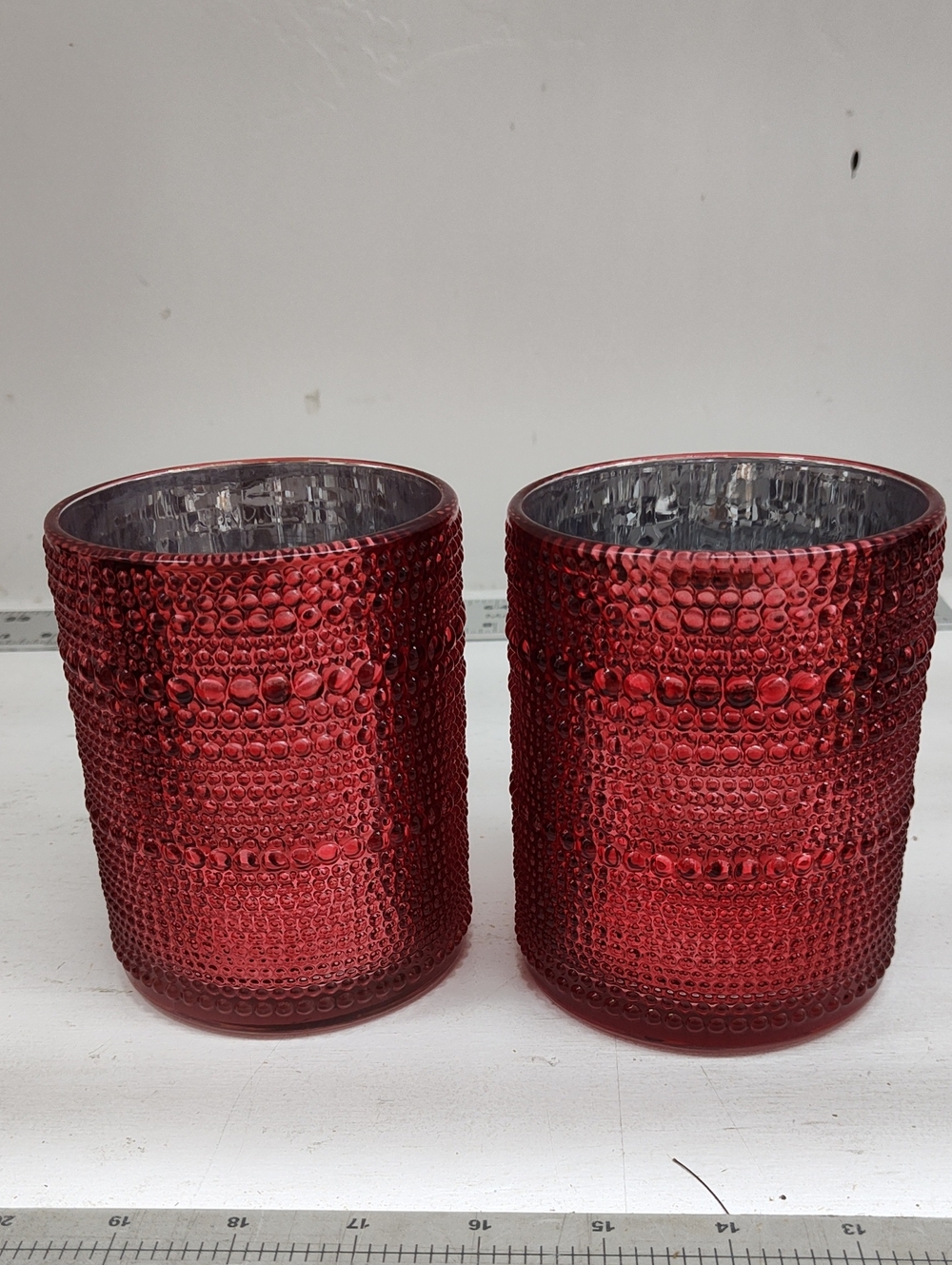Red Textured Glass Candle Holders - Set of 2 New